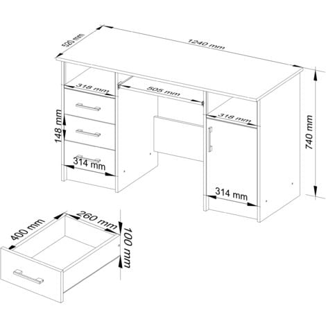 Scrivania AKORD ANA Wengé 124 cm 1 anta 3 cassetti inserto frontale Bianco 124x52x74 cm