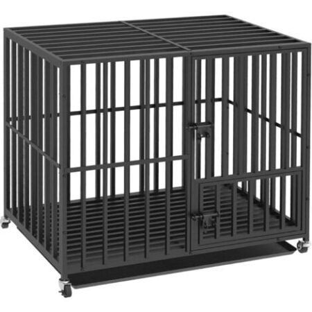 BingoPaw Jaula Perro Grande de Hierro Fuerte Perrera con Ruedas Giratorias Carga 100KG, L, 95x57x81cm