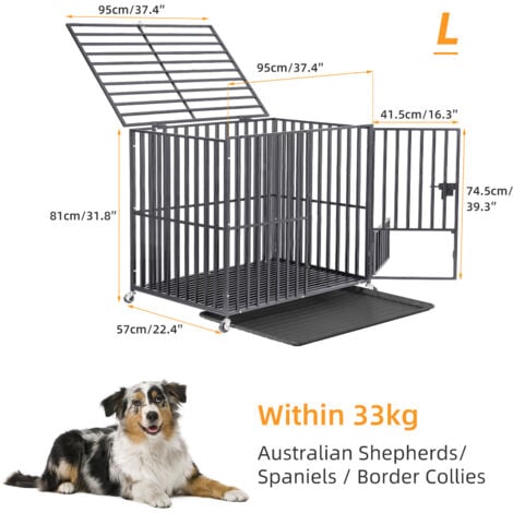 BingoPaw Jaula Perro Grande de Hierro Fuerte Perrera con Ruedas Giratorias Carga 100KG, L, 95x57x81cm