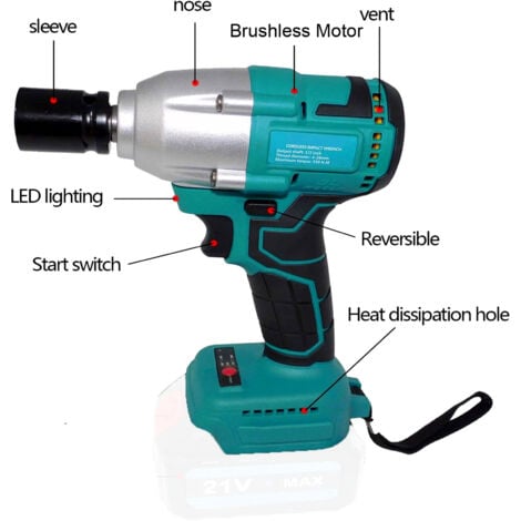 Avvitatore a batteria 450 Nm coppia elevata, motore brushless, con 2 batterie al litio da 5,5 Ah, adatto per auto familiari, 4 prese, 5 trapani, 7 viti, compatibile con batteria Makita