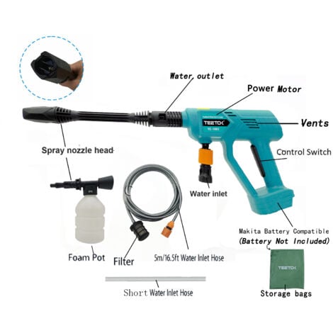 Idropulitrice a batteria 435 PSI Idropulitrice portatile con accessori Brushless con tubo dell'acqua da 5 m  con batteria da 3,0 Ah e caricabatterie,Compatibile con la batteria Makita