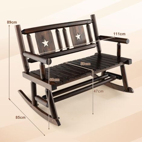 GOPLUS Panca a Dondolo in Legno Carbonizzato per Esterni, Sedia Dondolo Doppia per 2 Persone con Sedile Curvo Largo, Sedia a Dondolo per Veranda, Giardino, Cortile, Capacità 320 kg, Marrone Rustico