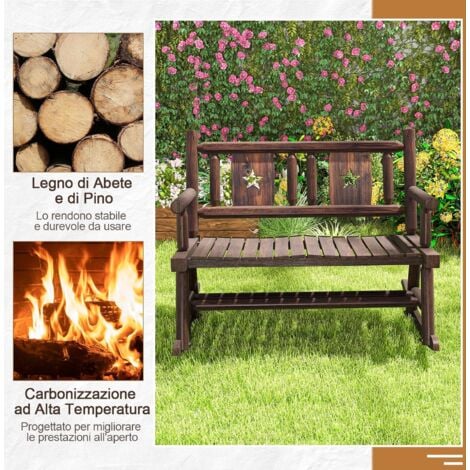 GOPLUS Panca a Dondolo in Legno Carbonizzato per Esterni, Sedia Dondolo Doppia per 2 Persone con Sedile Curvo Largo, Sedia a Dondolo per Veranda, Giardino, Cortile, Capacità 320 kg, Marrone Rustico