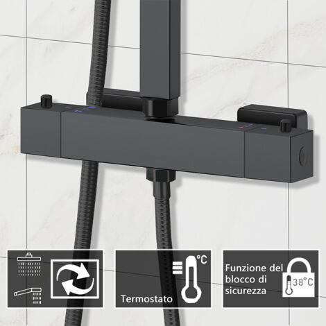 OCEAN ITALY Colonne Doccia Termostatiche Nero, Colonna Doccia con Miscelatore Termostatico Altezza Regolabile 73-115cm