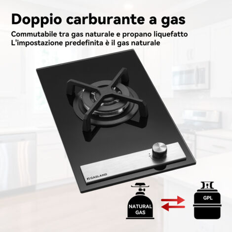 GASLAND Piano cottura a gas naturale/butano/propano da incasso, Superficie in Vetro Temperato e Griglie in Ghisa Smaltata - GH12BF - 1 fuochi - 3400W