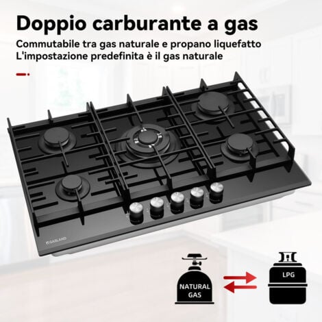 GASLAND Piano cottura a gas naturale/butano/propano da incasso, vetro temperato - GH2805BG1FC - 5 fuochi - 10400W