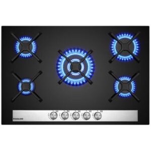 GASLAND Piano cottura a gas naturale/butano/propano da incasso, Superficie in Vetro Temperato e Griglie in Ghisa Smaltata – GH6805BG1FC – 5 fuochi – 10400W