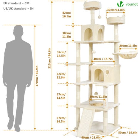 VOUNOT Castello per Gatti XXL con Tiragraffi, Albero per Gatti 215cm, Beige