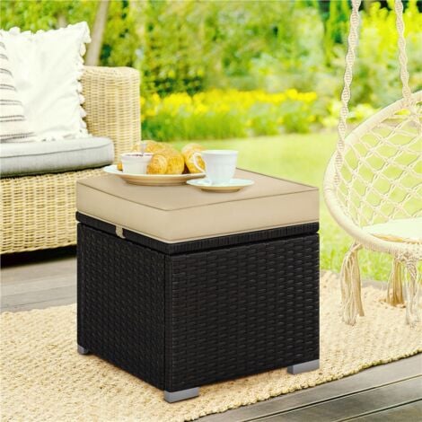 Yaheetech Ottomano Set di 2 Sgabelli Poggiapiedi da Giardino con Cuscino e Contenitore Intreccio in Rattan Cubo Panca con Coperchio Rimovibile Resistente 39 X 39 X 41 cm Marrone/Khaki