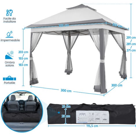 Yaheetech Gazebo da Giardino/Cerimonia 330 x 330 x 271-291 cm per Campeggio/Stand/Piscina Telo Impermeabile in Metallo Struttura Tubolare Grigio