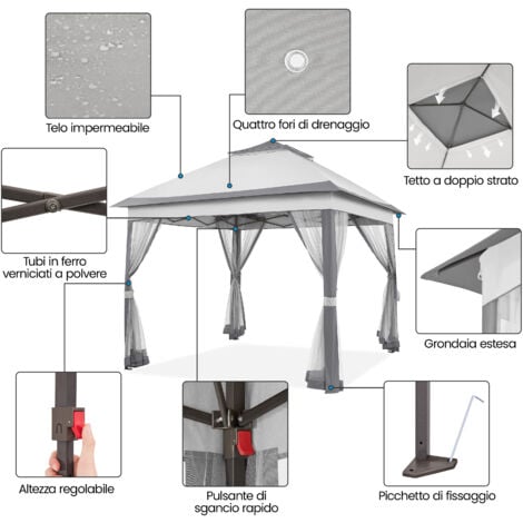 Yaheetech Gazebo da Giardino/Cerimonia 330 x 330 x 271-291 cm per Campeggio/Stand/Piscina Telo Impermeabile in Metallo Struttura Tubolare Grigio