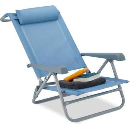 Relaxdays Sedia Pieghevole, Poggiatesta, Apribottiglia, Braccioli Regolabili, 120 kg, Plastica, Acciaio, Blu