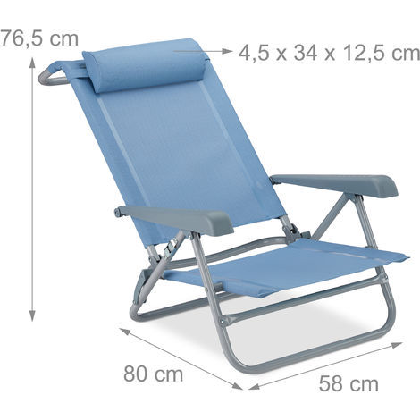 Relaxdays Sedia Pieghevole, Poggiatesta, Apribottiglia, Braccioli Regolabili, 120 kg, Plastica, Acciaio, Blu