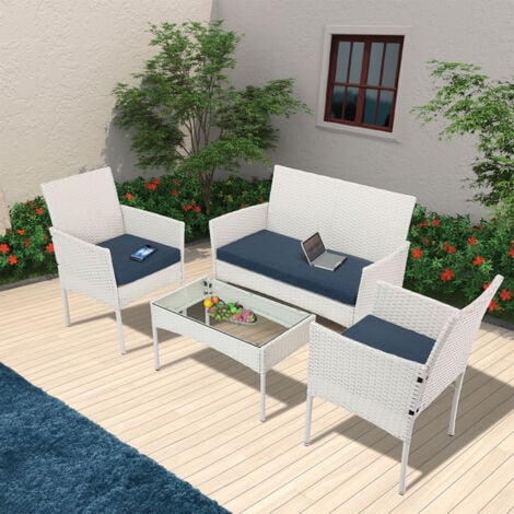 Set Salotto Completo Divano Poltrone Tavolino Poly Rattan Arredo Giardino Bianco