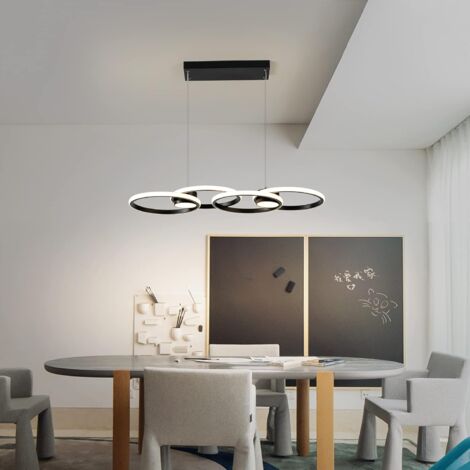 GANEED Moderna lampada a sospensione a LED, 4 anelli, dimmerabile, con telecomando, regolabile, per sala da pranzo, soggiorno, cucina, bar (56 W, 3000-6000 K, nero)