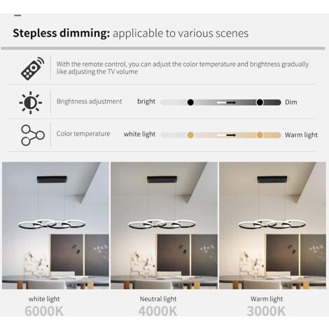 GANEED Moderna lampada a sospensione a LED, 4 anelli, dimmerabile, con telecomando, regolabile, per sala da pranzo, soggiorno, cucina, bar (56 W, 3000-6000 K, nero)