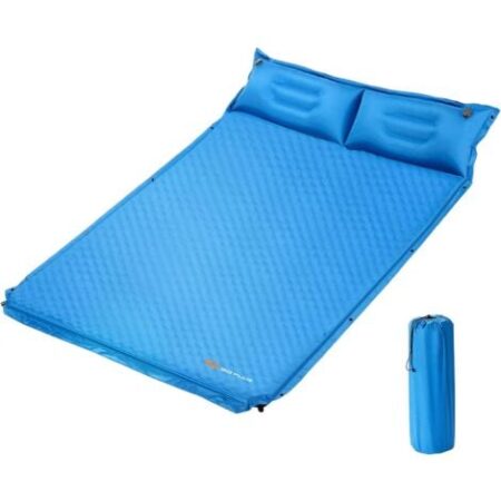 GOPLUS Letto Gonfiabile da Campeggio, Materasso Gonfiabile in PVC e Spugna con Cuscini, Facile da Sgonfiare e Trasportare, 186 x 130 x 3,5 cm (blu)