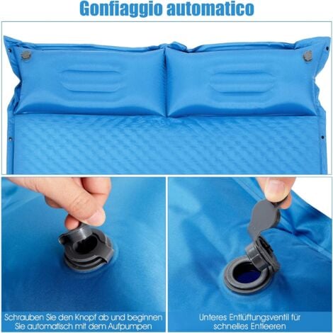 GOPLUS Letto Gonfiabile da Campeggio, Materasso Gonfiabile in PVC e Spugna con Cuscini, Facile da Sgonfiare e Trasportare, 186 x 130 x 3,5 cm (blu)