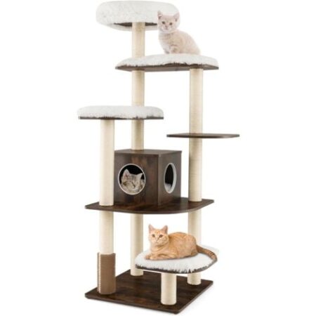 GOPLUS Tiragraffi per Gatti, 86,5 x 86,5 x 176 cm, Carico 15 kg, Tronchi in Sisal, Cuscino Rimovibile Lavabile, Ideale per Gatti Grandi Adulti (Marrrone)