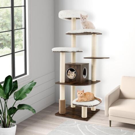 GOPLUS Tiragraffi per Gatti, 86,5 x 86,5 x 176 cm, Carico 15 kg, Tronchi in Sisal, Cuscino Rimovibile Lavabile, Ideale per Gatti Grandi Adulti (Marrrone)