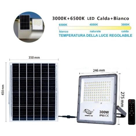 FARO LED FARETTO PANNELLO SOLARE CREPUSCOLARE TELECOMANDO DA 3000K A 6500K 300w