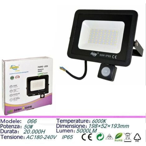 FARO LED FARETTO GIARDINO 50W LUCE FREDDA SENSORE MOVIMENTO CREPUSCOLARE