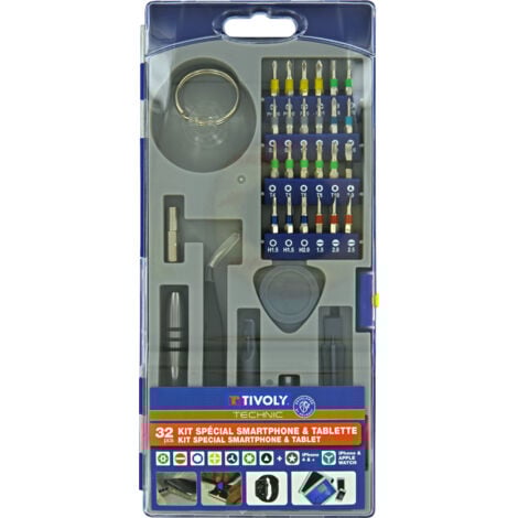 Tivoly • Confezione da 32pz Apertura e Riparazione Smartphone contenente gli inserti per viti pentalobe per iPhone da 4 a 14, una ventosa, pinze di precisione e tutti gli attrezzi per smontare il tuo