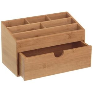 Organizer Portaoggetti Da Scrivania in Legno Bambu’ con 6 Scomparti e Cassetto