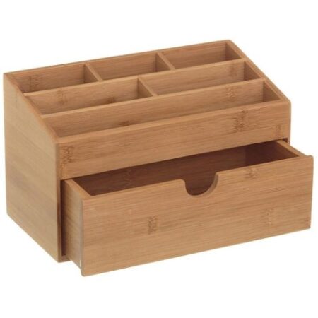 Organizer Portaoggetti Da Scrivania in Legno Bambu' con 6 Scomparti e Cassetto