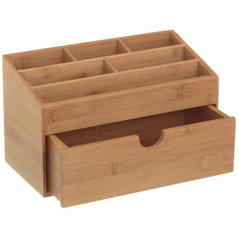 Organizer Portaoggetti Da Scrivania in Legno Bambu' con 6 Scomparti e Cassetto