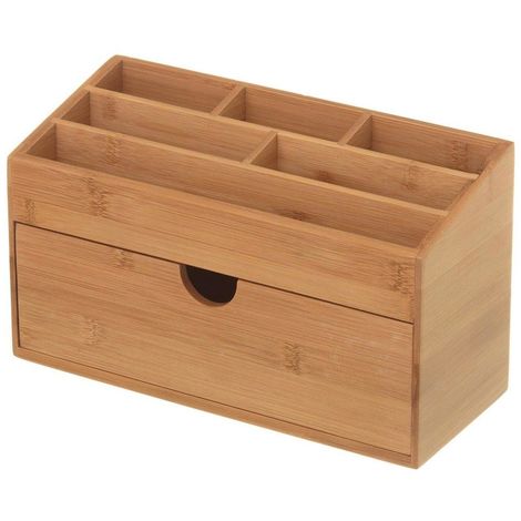 Organizer Portaoggetti Da Scrivania in Legno Bambu' con 6 Scomparti e Cassetto
