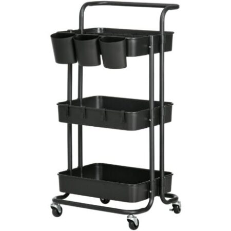 HOMCOM Carrello Multiuso a 3 Livelli con Cestini, Ganci e 12 Divisori, Nero