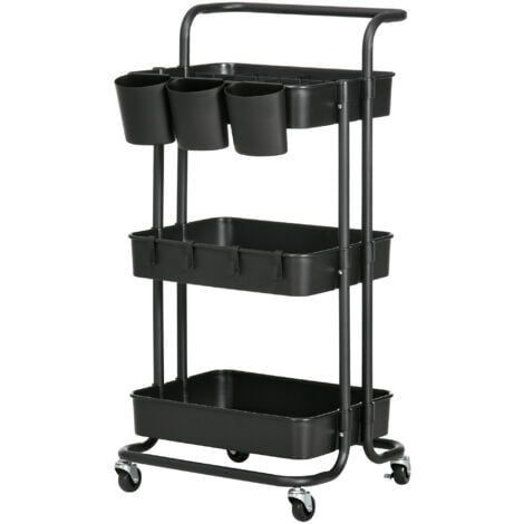 HOMCOM Carrello Multiuso a 3 Livelli con Cestini, Ganci e 12 Divisori, Nero