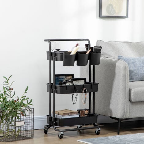 HOMCOM Carrello Multiuso a 3 Livelli con Cestini, Ganci e 12 Divisori, Nero