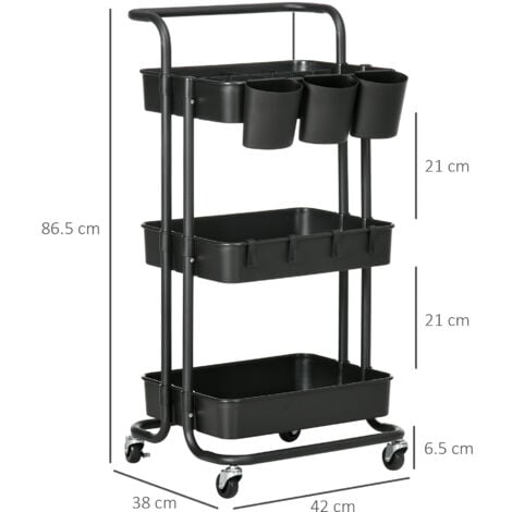 HOMCOM Carrello Multiuso a 3 Livelli con Cestini, Ganci e 12 Divisori, Nero