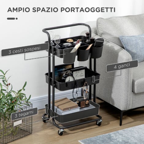 HOMCOM Carrello Multiuso a 3 Livelli con Cestini, Ganci e 12 Divisori, Nero
