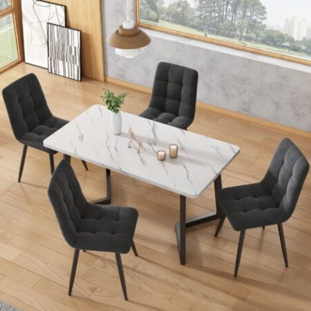 Tavolo da Pranzo 117x68 cm, (1 Pezzo), Struttura in Metallo, Tavolo da Pranzo Moderno Rettangolare con Motivo in Marmo con Gambe in Metallo, per Sala da Pranzo Soggiorno, Nero+Bianco
