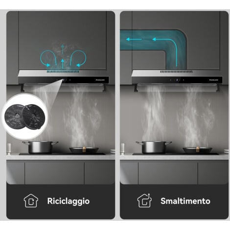 GASLAND Cappa aspirante bimotore da 60 cm da 333 m³/h, Cappa aspirante decorativa ad incasso con Evacuazione e Riciclaggio, Touch Control, 2 filtri a carbone - UC60SS - Argento