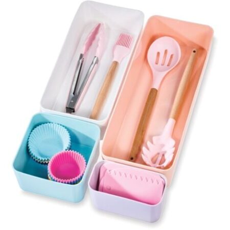 iDesign Organizer cassetti, Pratico organizer scrivania dalla serie di Rosanna Pansino, Organizer cucina in plastica riciclata in set da 4, colorato