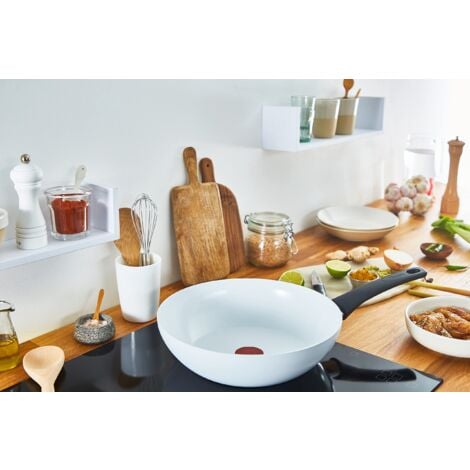 Tefal C41719 Ceramic Control Wok Padella 28 cm  Sigillatura sicura in ceramica  Indicatore di temperatura del segnale termico  Facile da pulire  adatto a induzione  Bianco