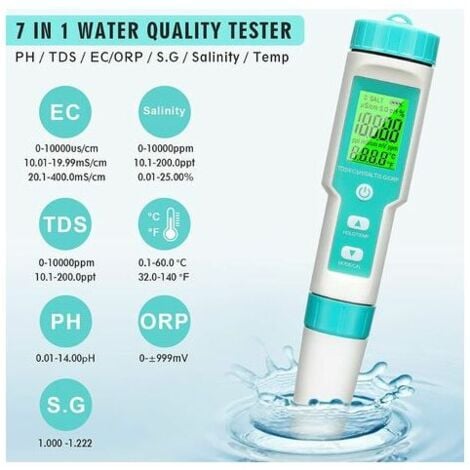 pHmetro Digitale, Misuratore Ph/tds/ec/orp/sg/salinità/temperatura 7 in 1 con Atc, Risoluzione 0,01, Tester a Penna ad Alta Precisione, Tester della Qualità dell'Acqua Fo con Retroilluminazione