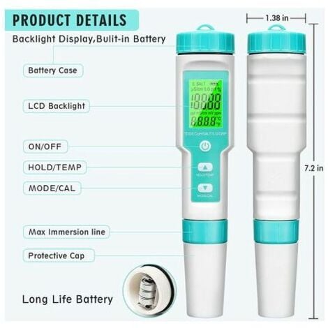 pHmetro Digitale, Misuratore Ph/tds/ec/orp/sg/salinità/temperatura 7 in 1 con Atc, Risoluzione 0,01, Tester a Penna ad Alta Precisione, Tester della Qualità dell'Acqua Fo con Retroilluminazione