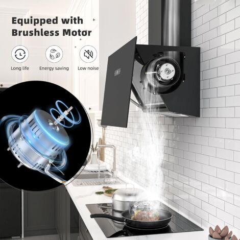 FIREGAS Cappa aspirante 60 cm con motore brushless, vetro nero, aspirazione potente 571m³/h, TouchControl, 9 livelli, con molla di pressione a gas, filtri a carbone, Nero [Classe di efficienza energet