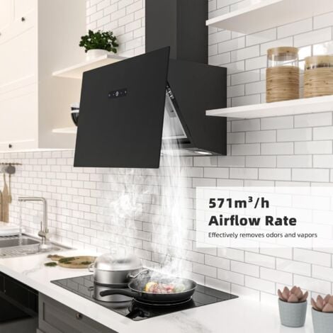 FIREGAS Cappa aspirante 60 cm con motore brushless, vetro nero, aspirazione potente 571m³/h, TouchControl, 9 livelli, con molla di pressione a gas, filtri a carbone, Nero [Classe di efficienza energet