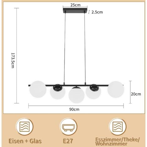 Lampada a Sospensione GBLY Lampada a Sospensione Moderna - Lampada a Sospensione in Vetro Nero E27 Altezza 150 cm per Sala da Pranzo Bancone Bar Soggiorno I Senza Lampadina