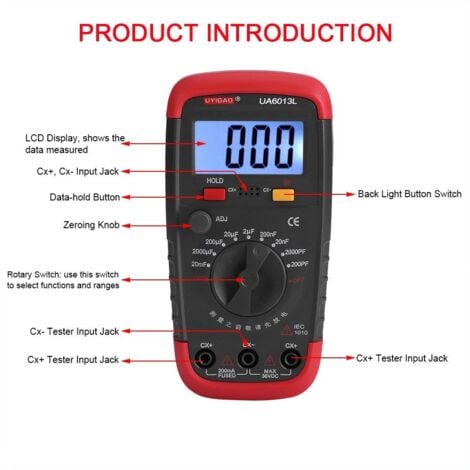 Gistuch Tester e rilevatore di tensione, misuratore di capacità digitale, tester per condensatori Pro 0,1pF - 20000uF con retroilluminazione LCD Max 1999