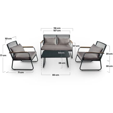 Set da giardino 4 posti OLBIA SET DARK GREY, tavolino da esterno + divano 2 posti + 2 poltrone, grigio, resistente ai raggi UV