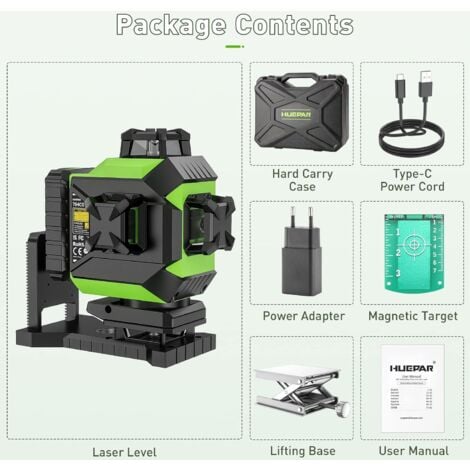 Huepar 4x360 Livello Laser Autolivellante 4D Raggio Verde Linea Trasversale 16 Linee Strumento Laser per Piastrelle per Pavimenti - 2x360 Linee Laser Orizzontali/Verticali - Batteria ricaricabile agli