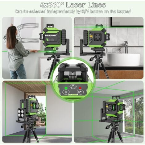 Huepar 4x360 Livello Laser Autolivellante 4D Raggio Verde Linea Trasversale 16 Linee Strumento Laser per Piastrelle per Pavimenti - 2x360 Linee Laser Orizzontali/Verticali - Batteria ricaricabile agli