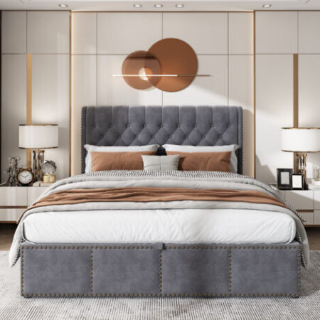 Letto contenitore matrimoniale imbottito, letto contenitore, senza materasso - 180 x 200 cm, velluto, grigio